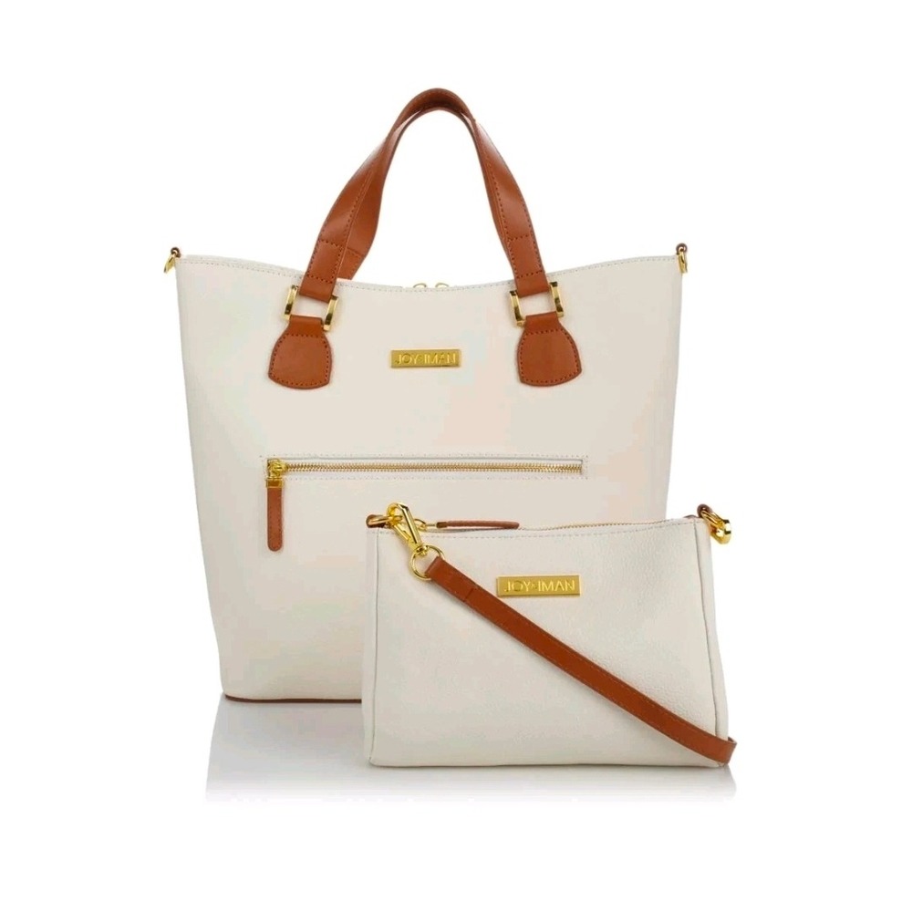JOY IMAN White faux Leather Tote Bag‎ with Matching Clutch and Brown Straps